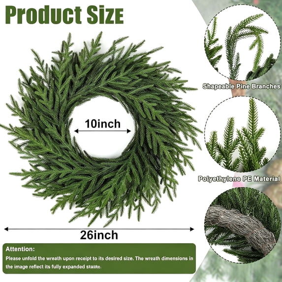 Scidweet 26" Artificial Christmas Wreath for Front Door, Fake Norfolk Pine Green Wreaths Indoor Outdoor Walls Windows Porch Farmhouse Home Xmas Decor