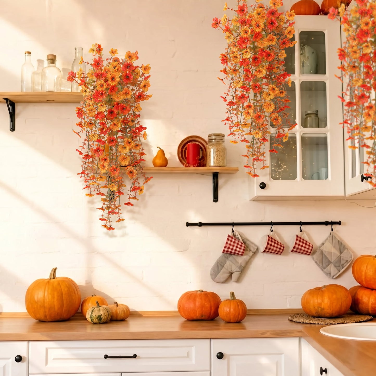 Scidweet Fall Artificial Flowers Outdoors, 2 Pcs Autumn Fake Hanging Flowers Faux Silk Mums Flower UV Resistant No Fade Fall Decorations for Home Outside Patio Yard Garden Porch , Yellow Orange