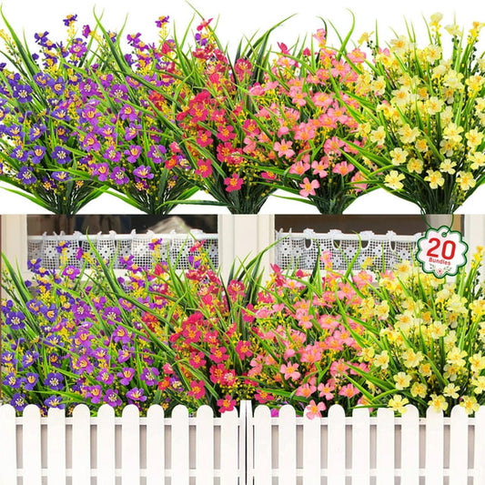 20pcs Artificial Flowers Outdoor UV Resistant Plastic Fake Greenery Shrubs Plants Bulk for Home Indoor Outside Garden Window Porch Pots Decoration