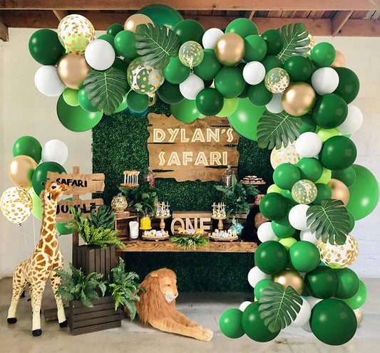 140 Pcs Jungle Party Balloons Garland Arch Kit Gold Dark Green 4D Animal Foil Balloons with Artificial Tropical Palm Leaves for Safari Baby Shower Decorations