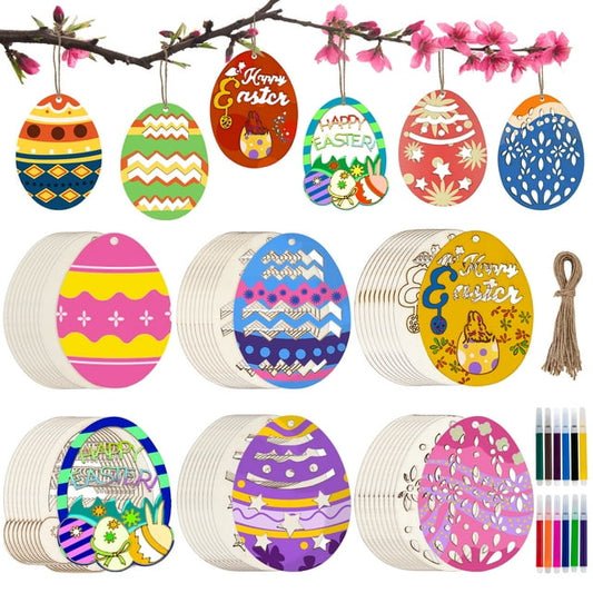 60PCS Wooden Easter Egg Ornaments Egg Wood DIY Crafts Cutouts Easter Egg Unfinished Wood Slices for Painting Crafts and Easter Decorations